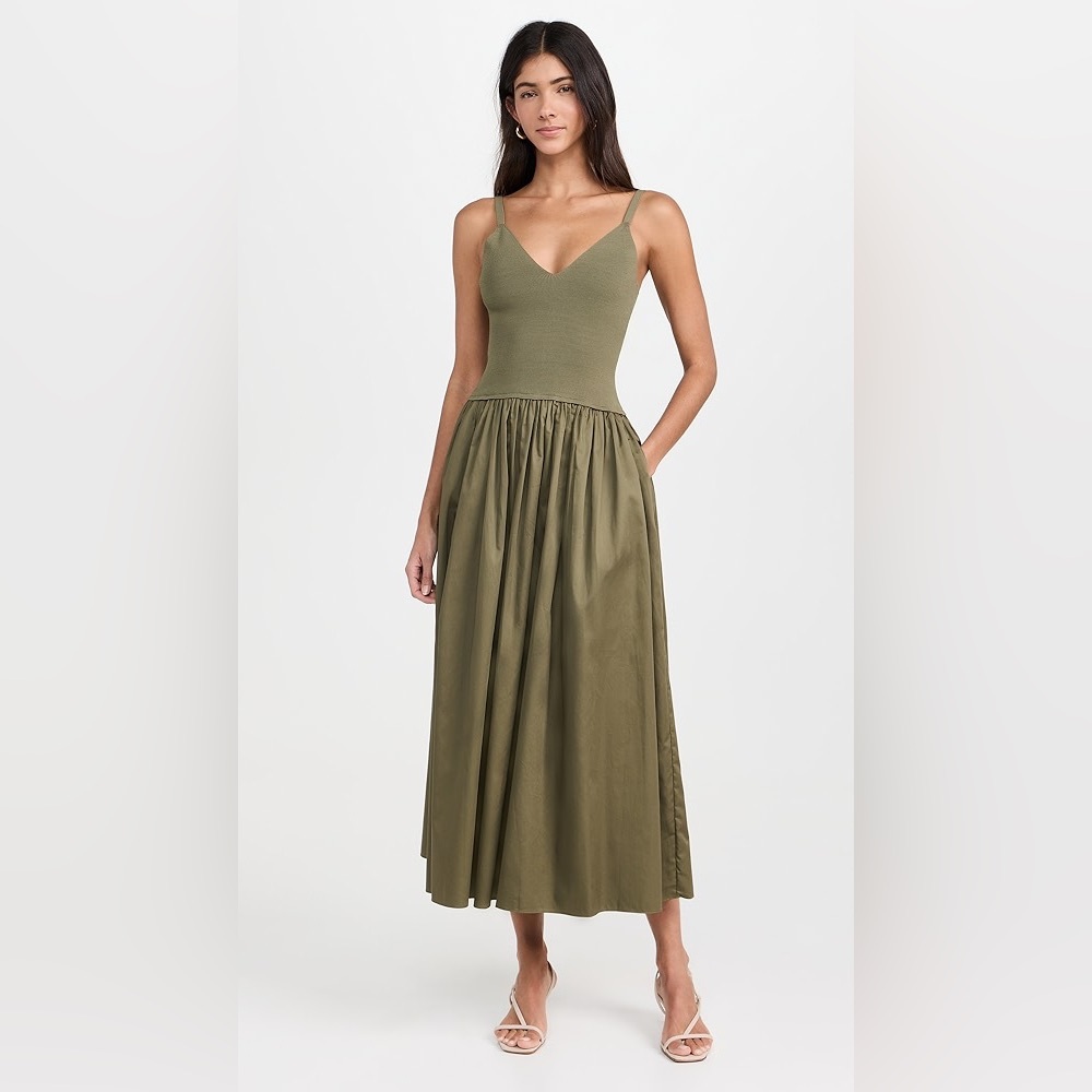 NWT La Ligne Romeo Dress Knit Combo Dress with Poplin Skirt Khaki Green Size XS